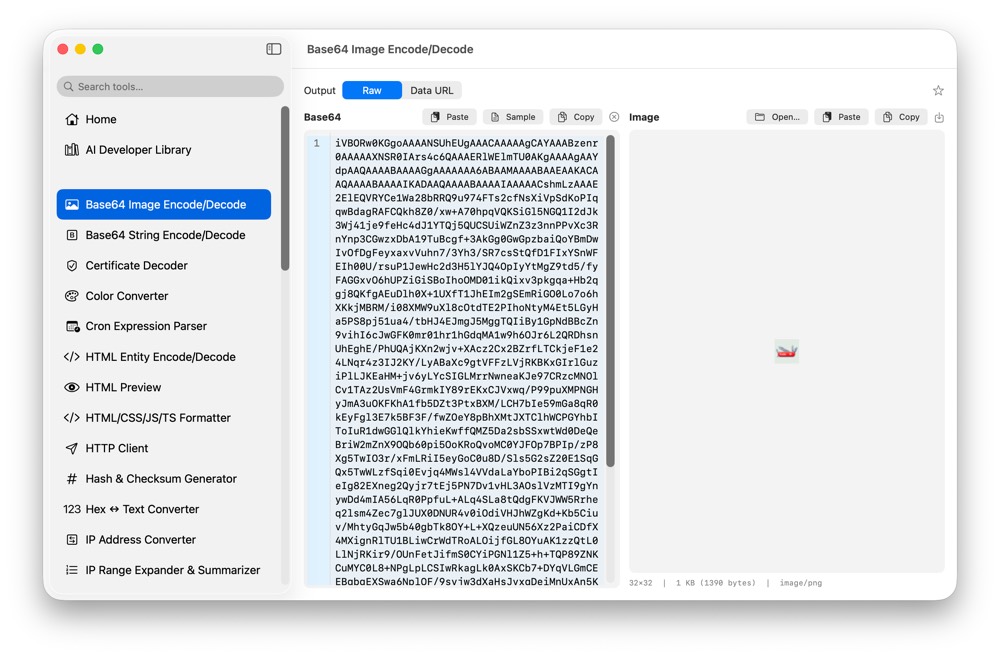 CodeSwissKnife Base64 Image Encode/Decode running in a native macOS app.