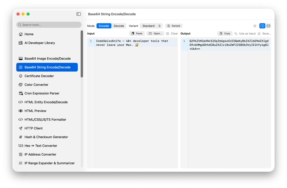 CodeSwissKnife Base64 String Encode/Decode running in a native macOS app.
