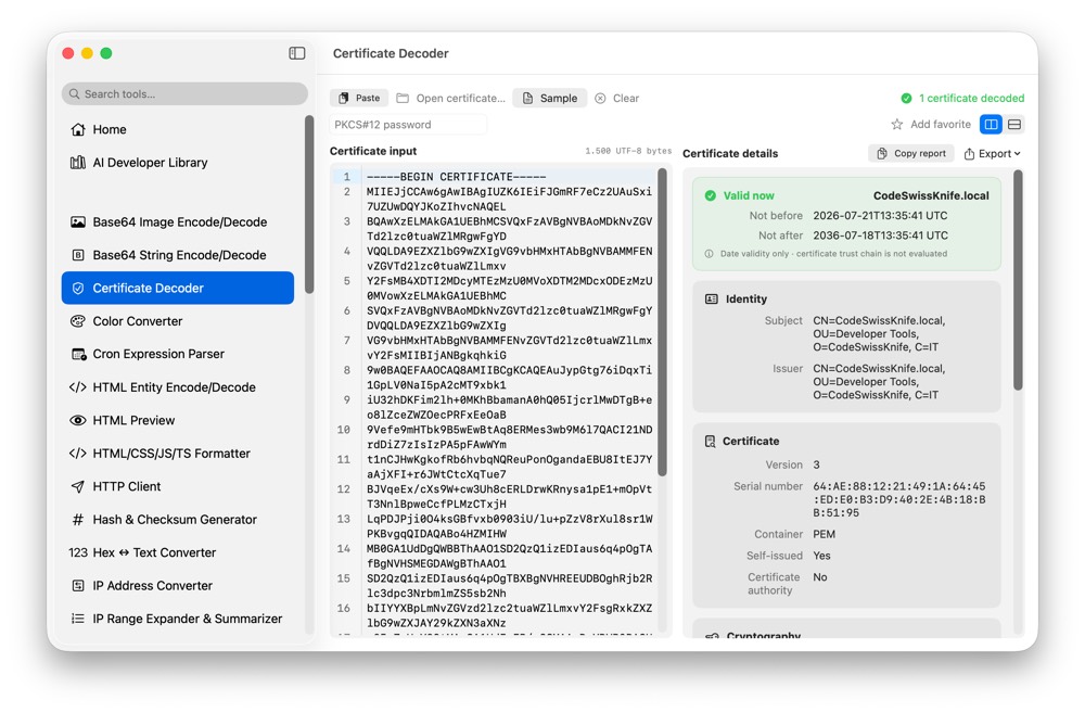 CodeSwissKnife Certificate Decoder running in a native macOS app.