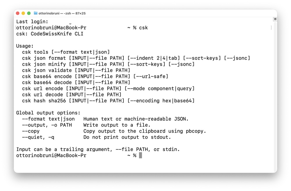 CodeSwissKnife Settings showing the Integrations pane with the installed csk command line tool and Terminal readiness.