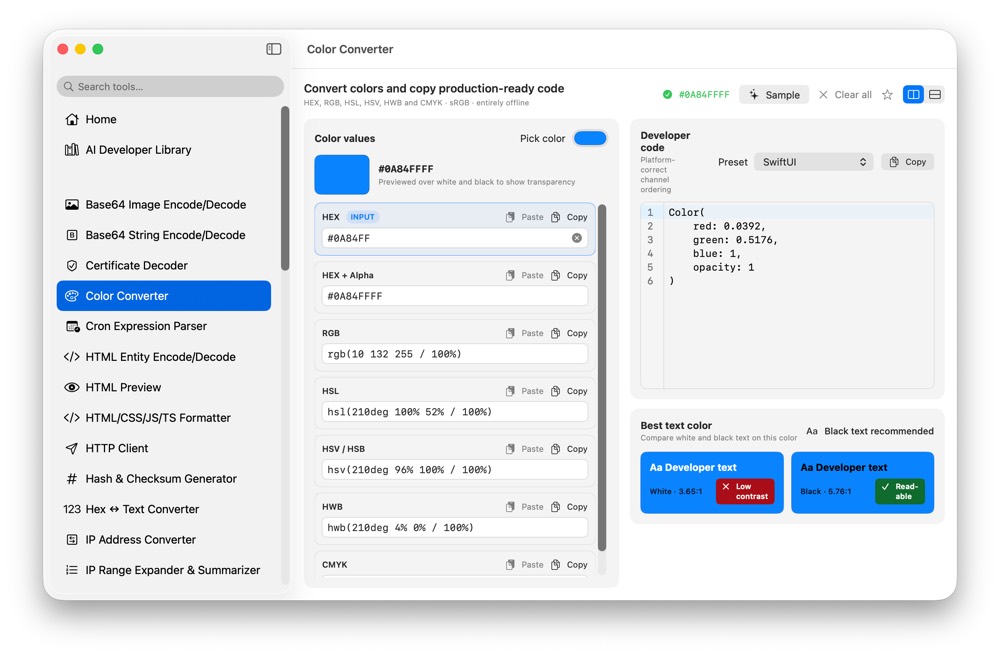 CodeSwissKnife Color Converter running in a native macOS app.