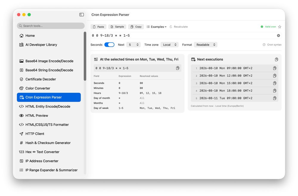 CodeSwissKnife Cron Expression Parser running in a native macOS app.