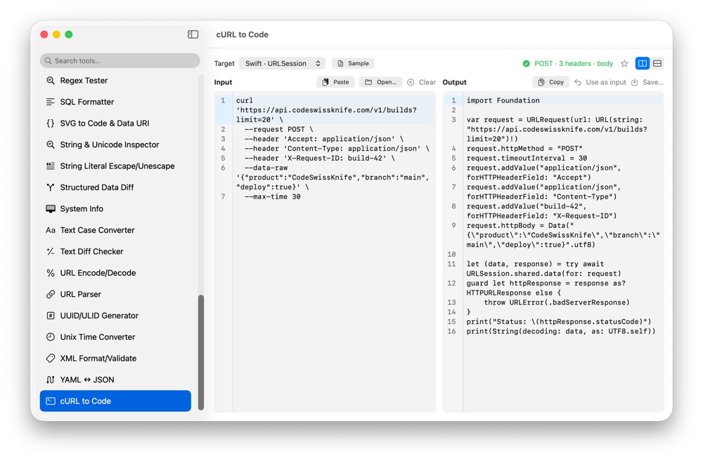 CodeSwissKnife cURL to Code showing generated request code in a native macOS app.