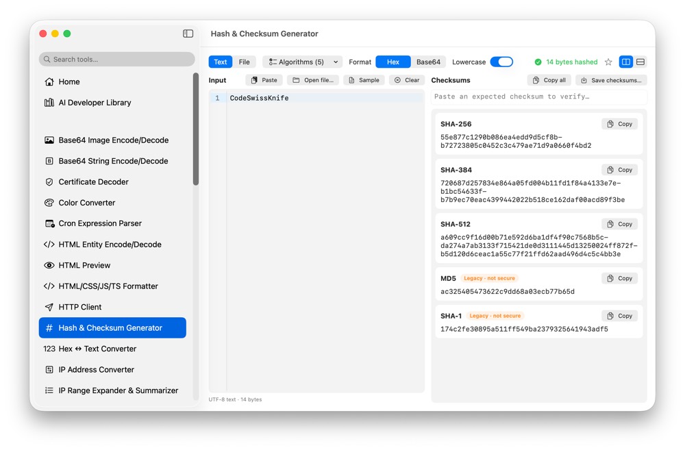 CodeSwissKnife Hash and Checksum Generator running in a native macOS app.