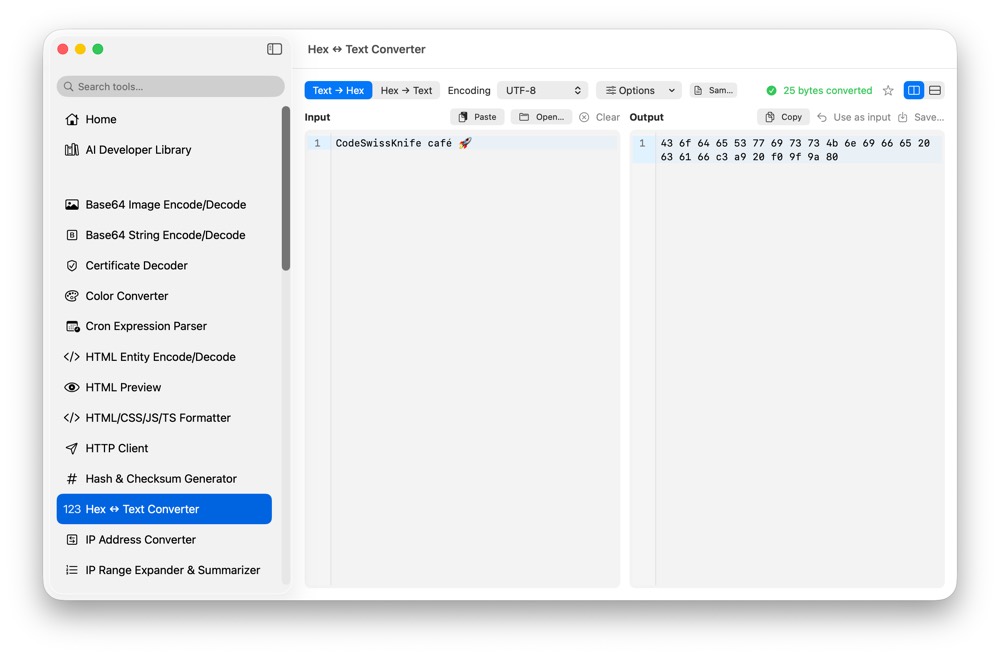 CodeSwissKnife Hex to Text Converter running in a native macOS app.