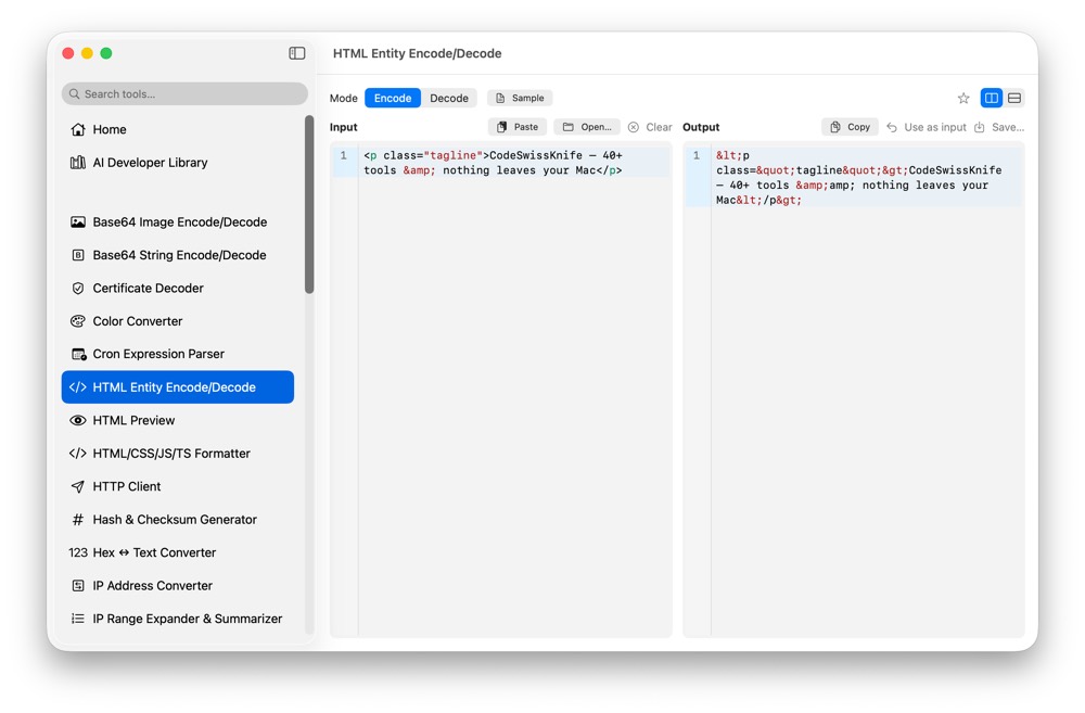 CodeSwissKnife HTML Entity Encode/Decode running in a native macOS app.