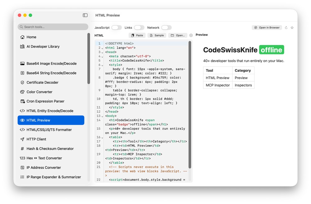 CodeSwissKnife HTML Preview running in a native macOS app.