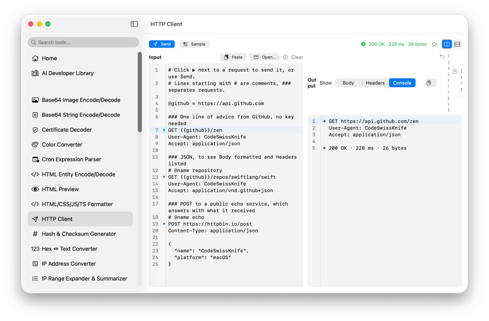CodeSwissKnife HTTP Client running in a native macOS app.