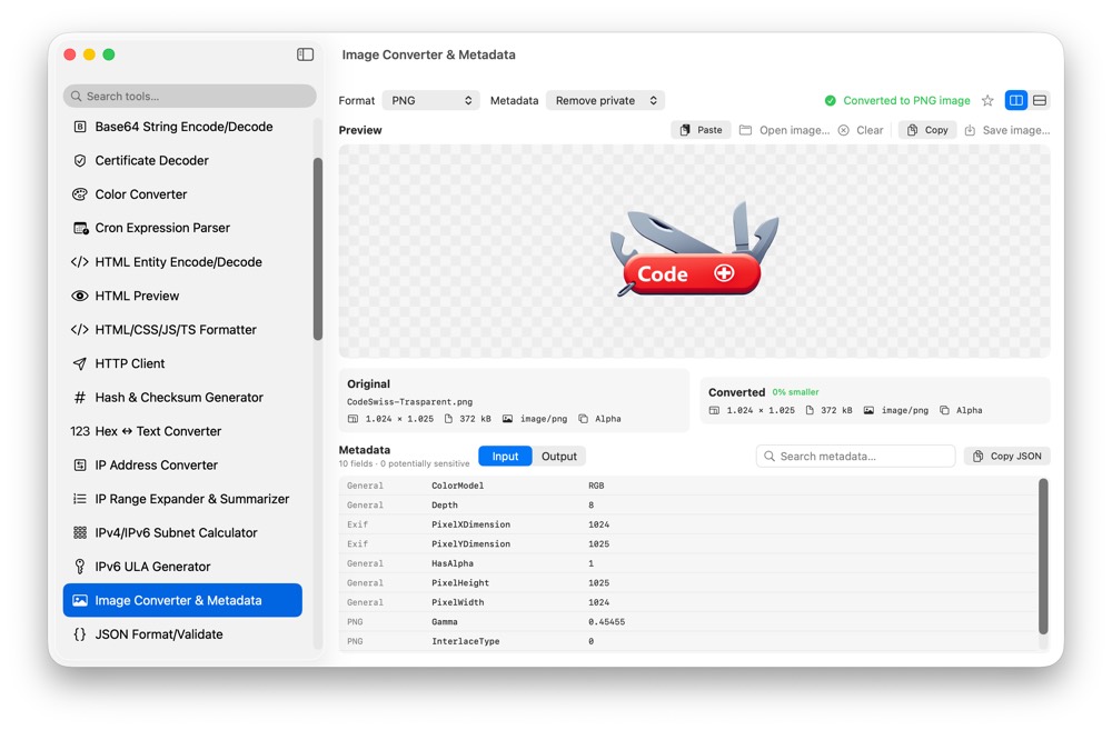 CodeSwissKnife Image Converter and Metadata running in a native macOS app.
