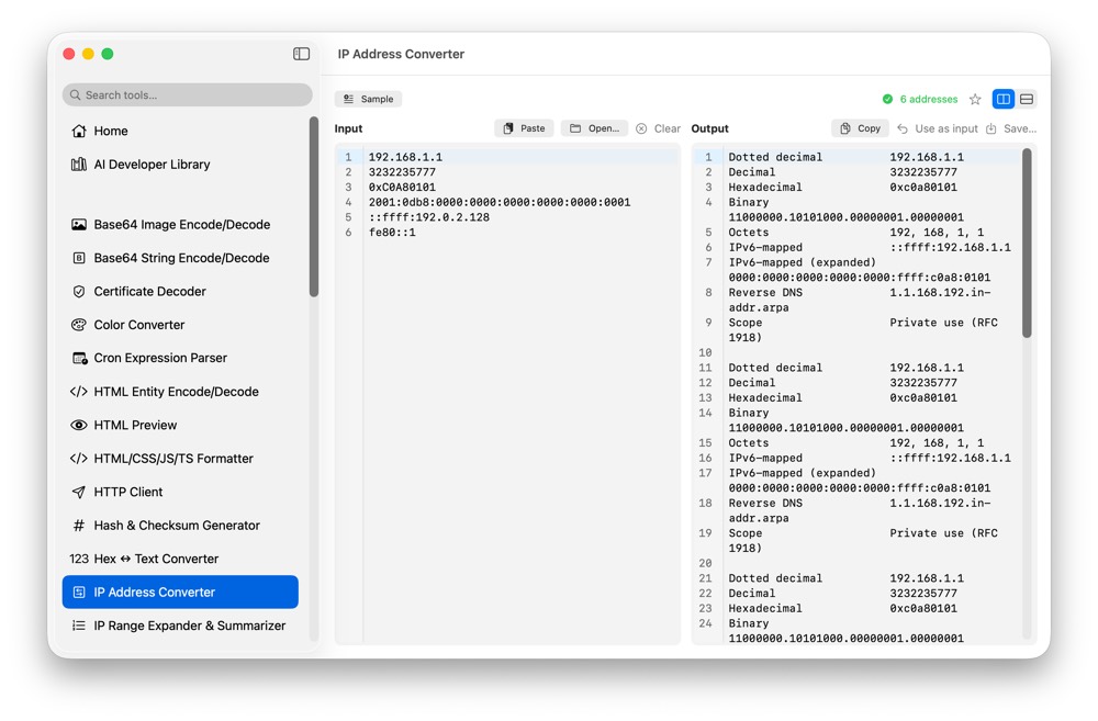 CodeSwissKnife IP Address Converter running in a native macOS app.