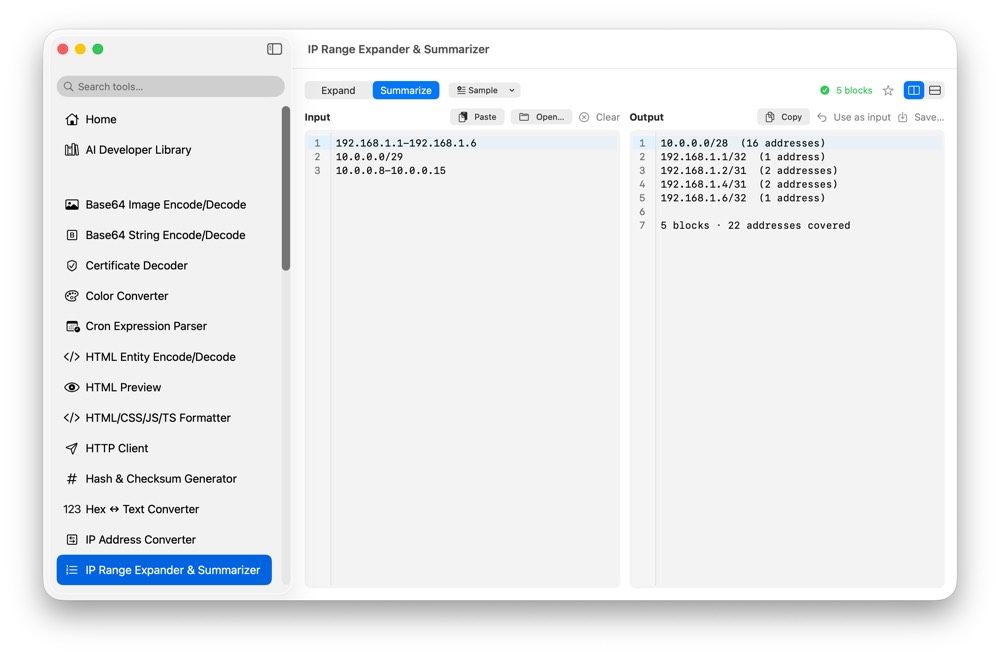 CodeSwissKnife IP Range Expander and Summarizer running in a native macOS app.
