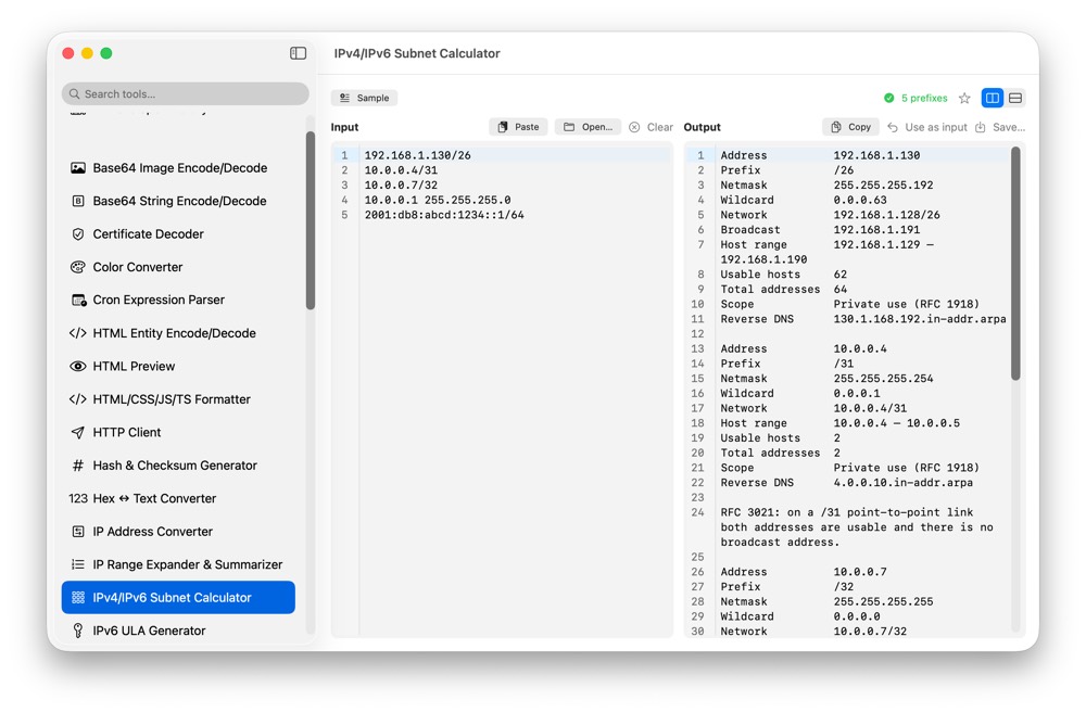CodeSwissKnife IPv4/IPv6 Subnet Calculator running in a native macOS app.