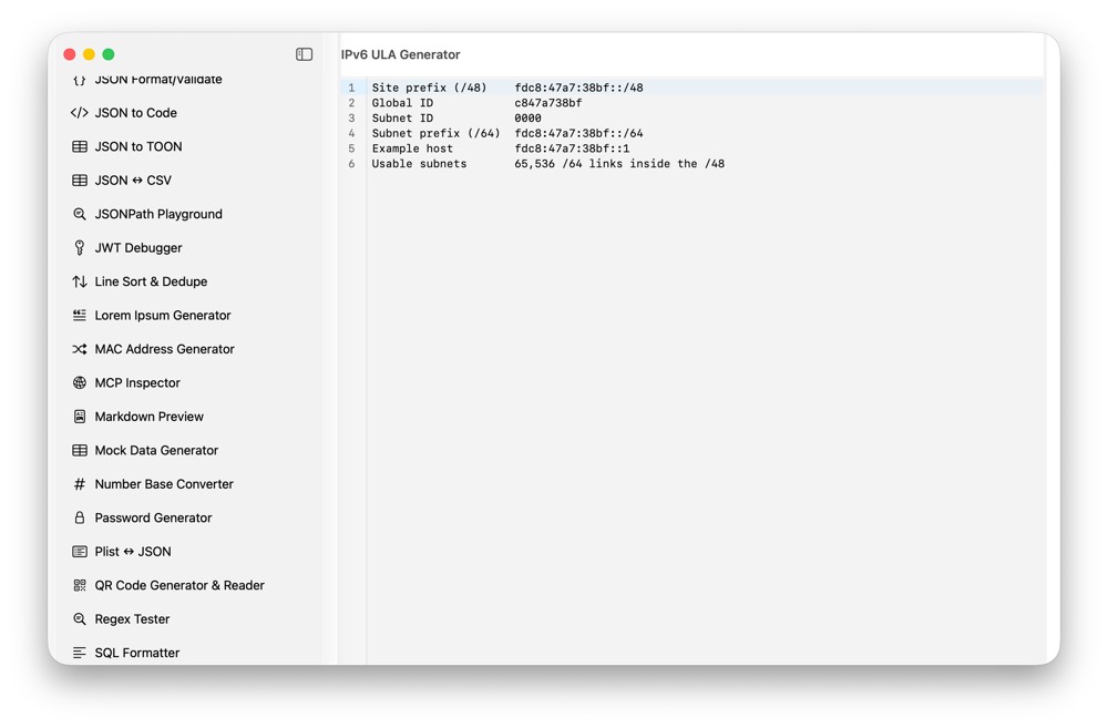 CodeSwissKnife IPv6 ULA Generator running in a native macOS app.
