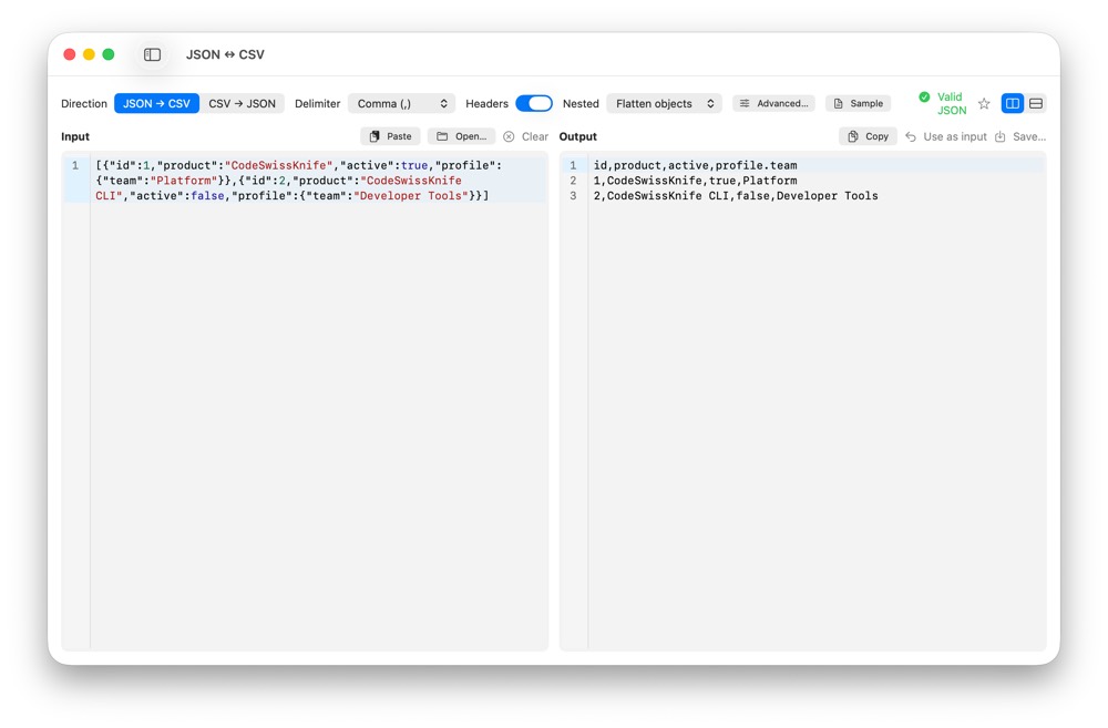 CodeSwissKnife JSON to CSV running in a native macOS app.