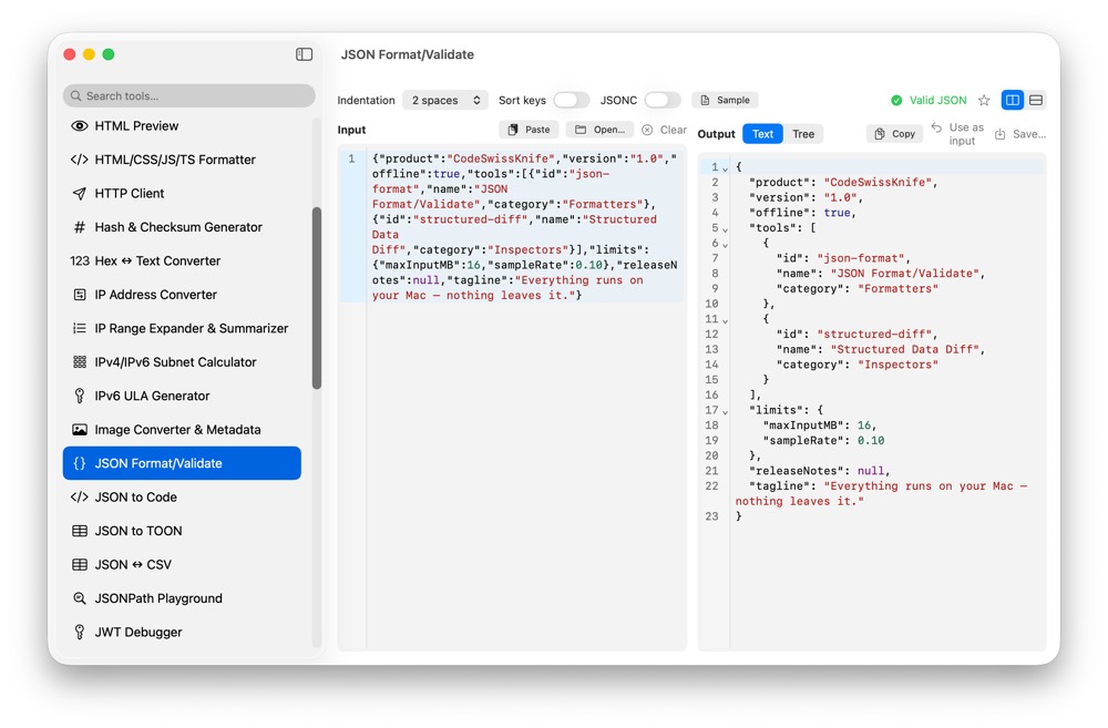 CodeSwissKnife JSON Format Validate showing formatted JSON in a native macOS app.