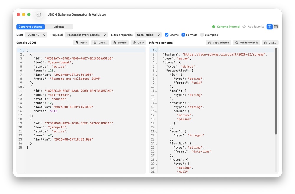 CodeSwissKnife JSON Schema Generator and Validator showing schema validation output.