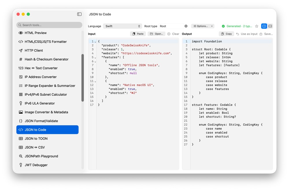 CodeSwissKnife JSON to Code running in a native macOS app.