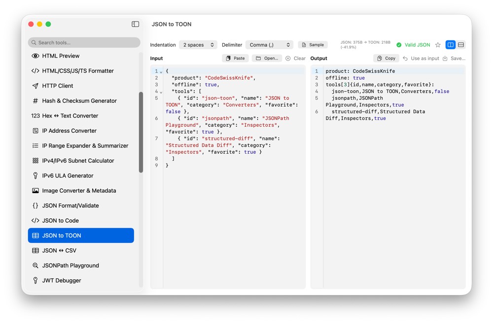 CodeSwissKnife JSON to TOON running in a native macOS app.