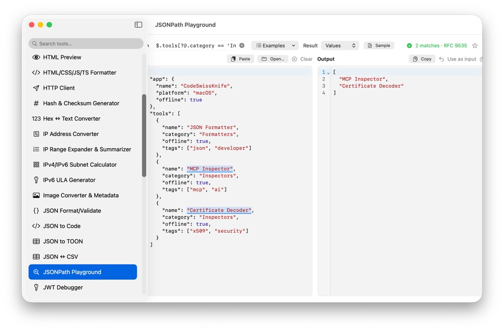 CodeSwissKnife JSONPath Playground showing a JSON document, a JSONPath query and structured matching results.