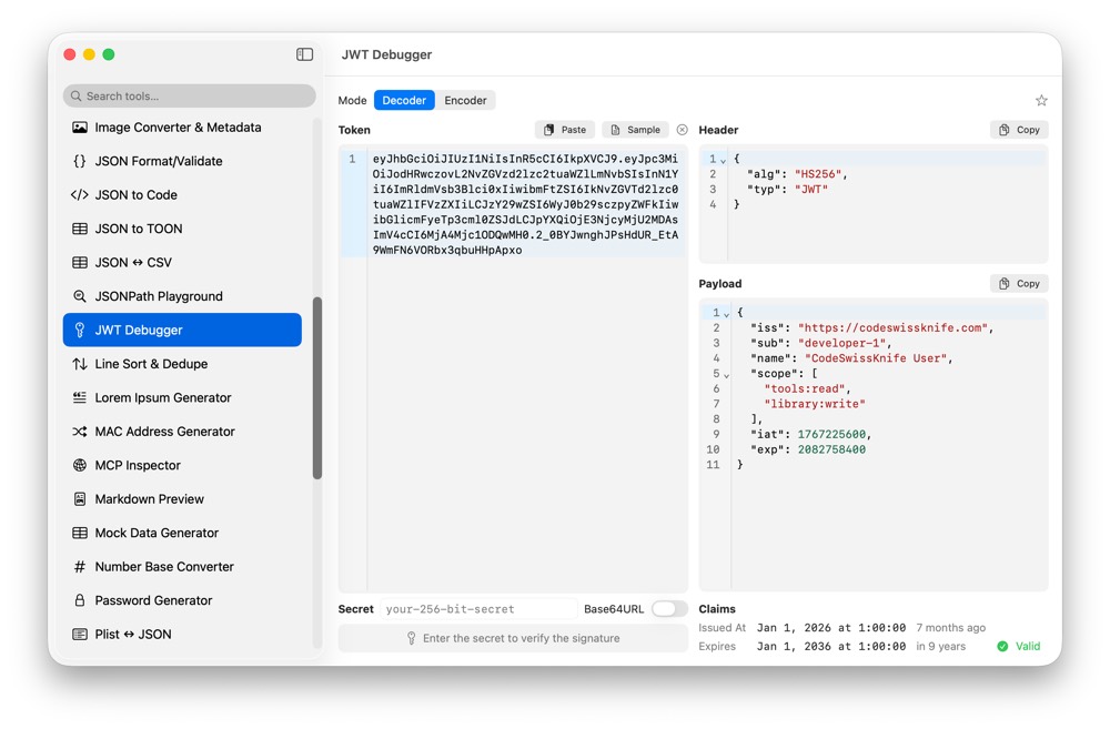 The JWT Debugger with a token decoded locally: the header and payload are shown as formatted JSON, and the claims bar reports the issued and expiry dates with a valid signature.