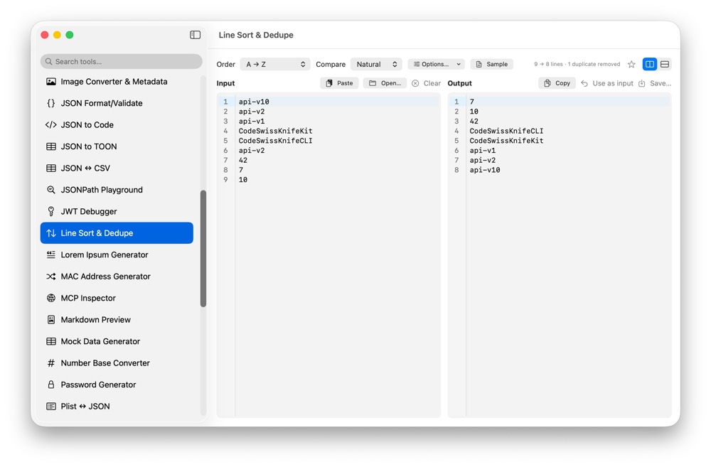 CodeSwissKnife Line Sort and Dedupe running in a native macOS app.