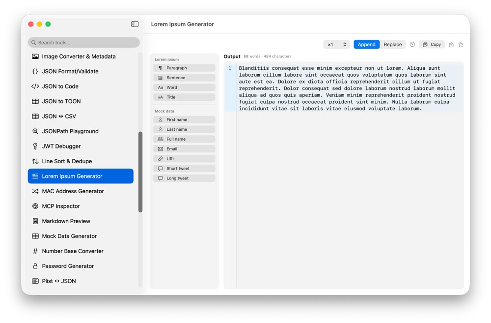 CodeSwissKnife Lorem Ipsum Generator running in a native macOS app.