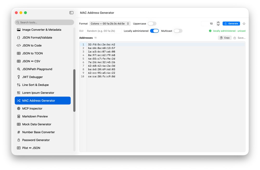 CodeSwissKnife MAC Address Generator running in a native macOS app.