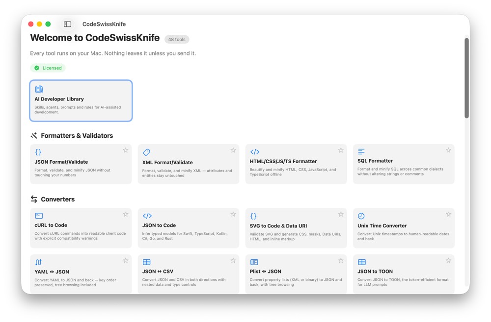 The CodeSwissKnife main window: a searchable sidebar of every tool, and the Home grid with the AI Developer Library above categories for formatters, converters, encoders, generators and inspectors.