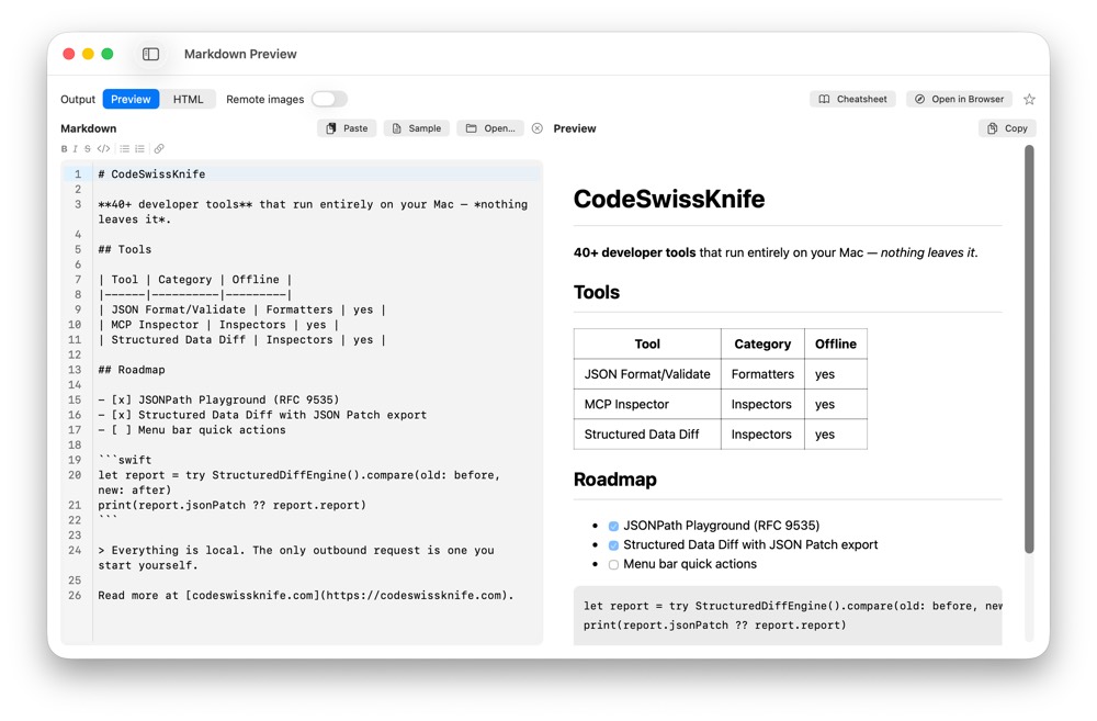 CodeSwissKnife Markdown Preview running in a native macOS app.
