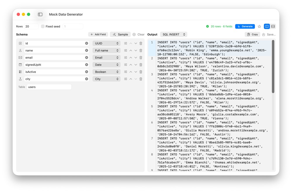 CodeSwissKnife Mock Data Generator running in a native macOS app.