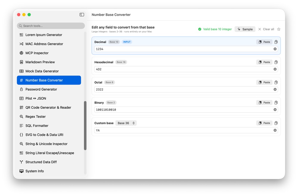 CodeSwissKnife Number Base Converter running in a native macOS app.