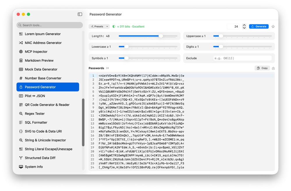CodeSwissKnife Password Generator running in a native macOS app.