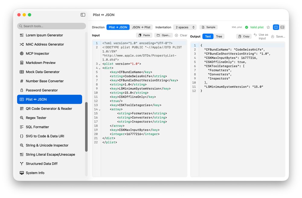 CodeSwissKnife Plist to JSON running in a native macOS app.