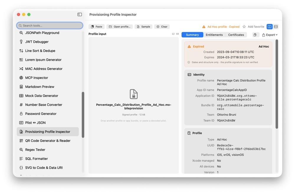 CodeSwissKnife Provisioning Profile Inspector showing signing and entitlement details.