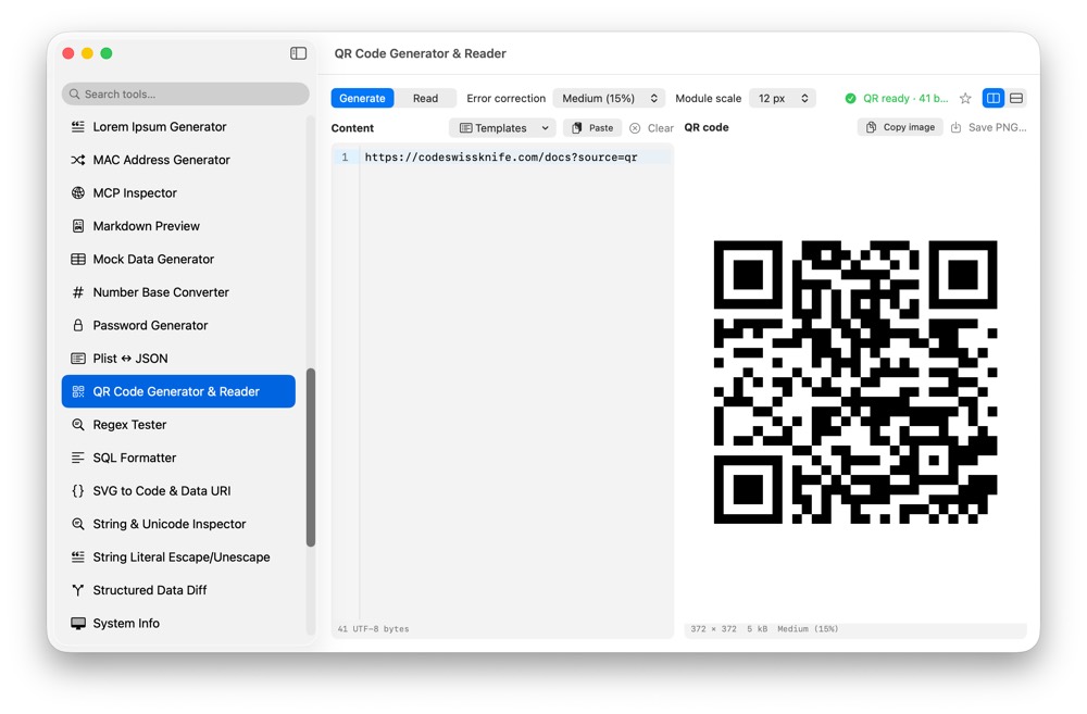 CodeSwissKnife QR Code Generator and Reader running in a native macOS app.
