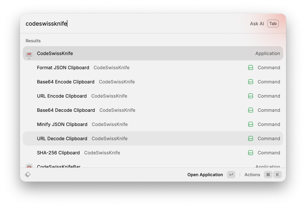 Raycast running CodeSwissKnife clipboard actions powered by the local csk command line tool.