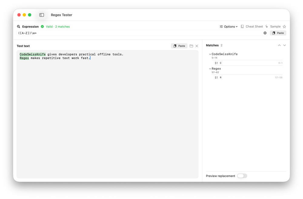 CodeSwissKnife Regex Tester running in a native macOS app.