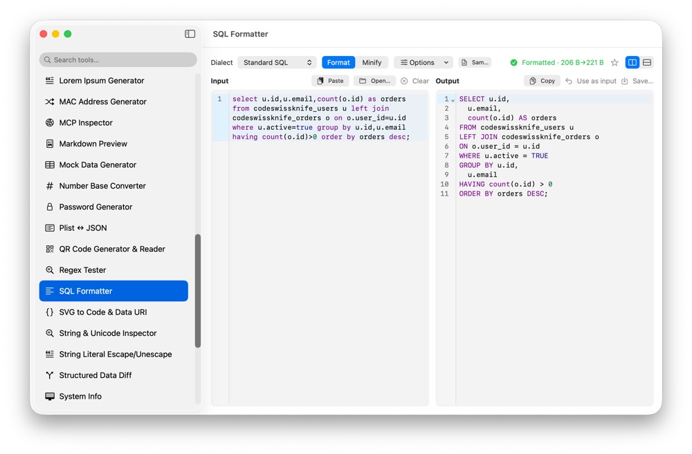 CodeSwissKnife SQL Formatter showing formatted SQL in a native macOS app.