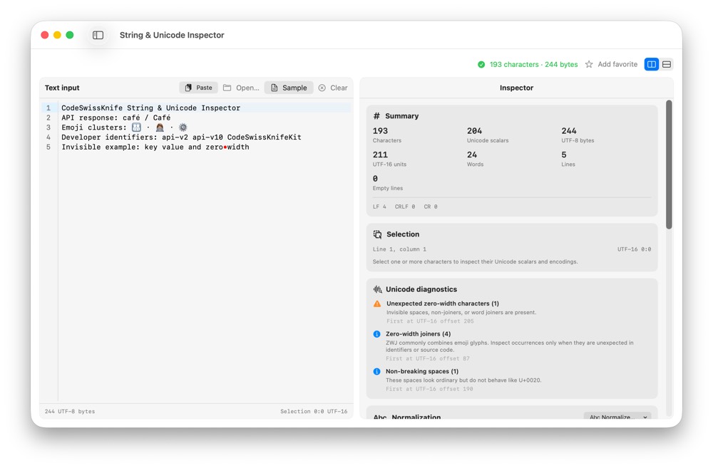 CodeSwissKnife String and Unicode Inspector running in a native macOS app.