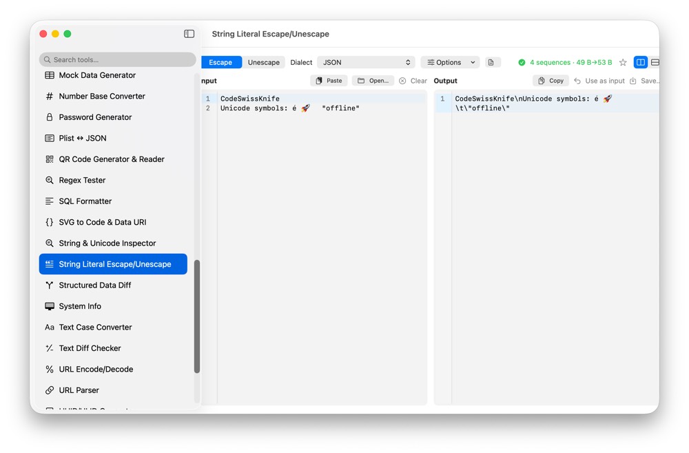 CodeSwissKnife String Literal Escape/Unescape running in a native macOS app.
