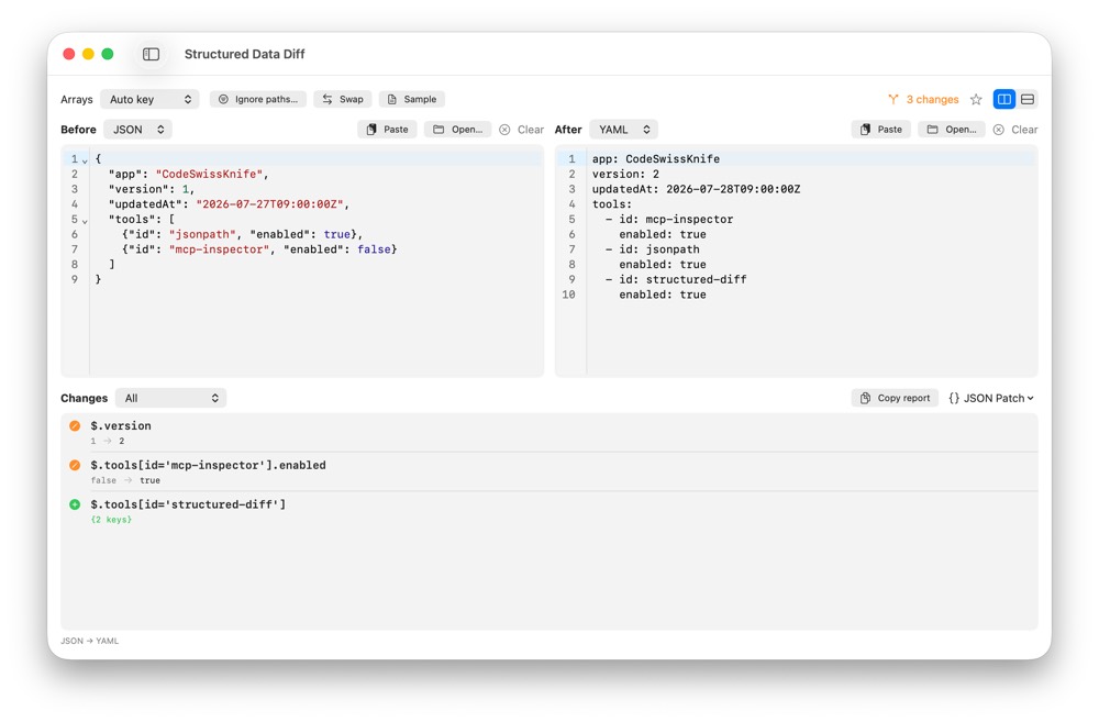 CodeSwissKnife Structured Data Diff showing added, removed and modified values between structured documents.