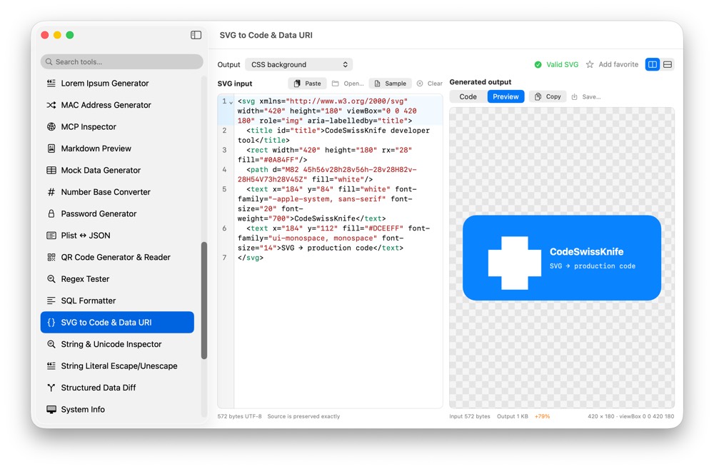 CodeSwissKnife SVG to Code and Data URI running in a native macOS app.