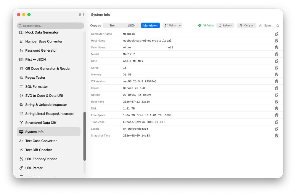 CodeSwissKnife System Info running in a native macOS app.