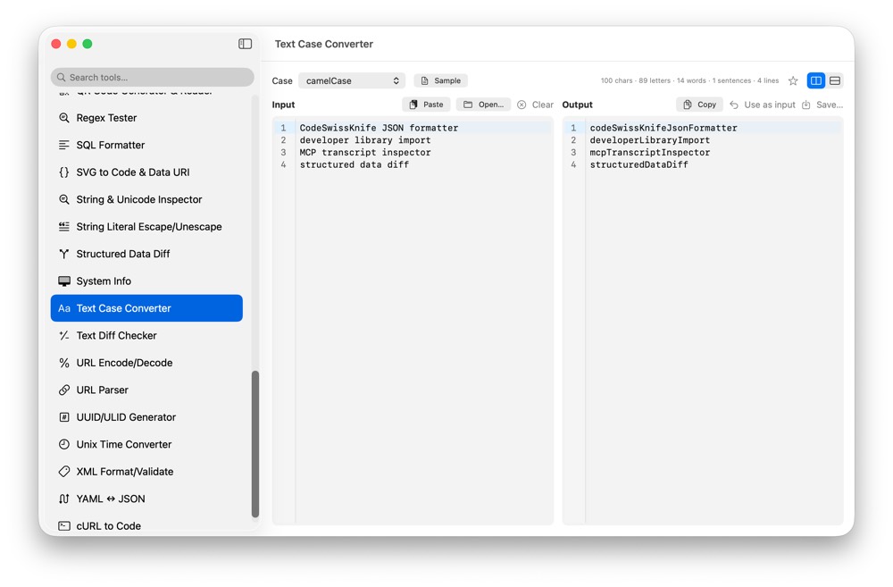 CodeSwissKnife Text Case Converter running in a native macOS app.
