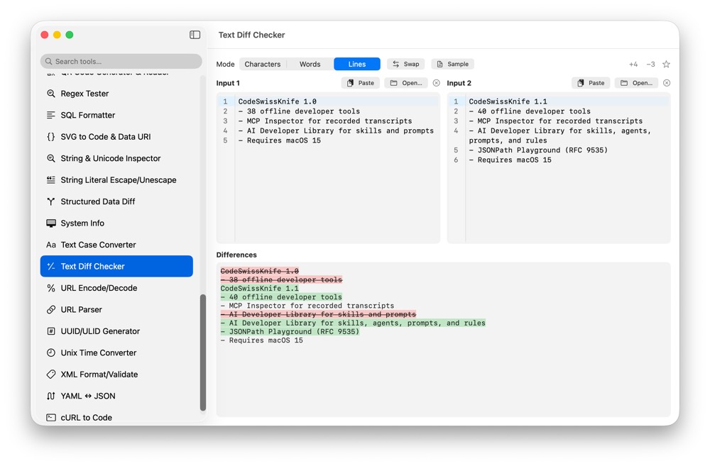 CodeSwissKnife Text Diff Checker running in a native macOS app.