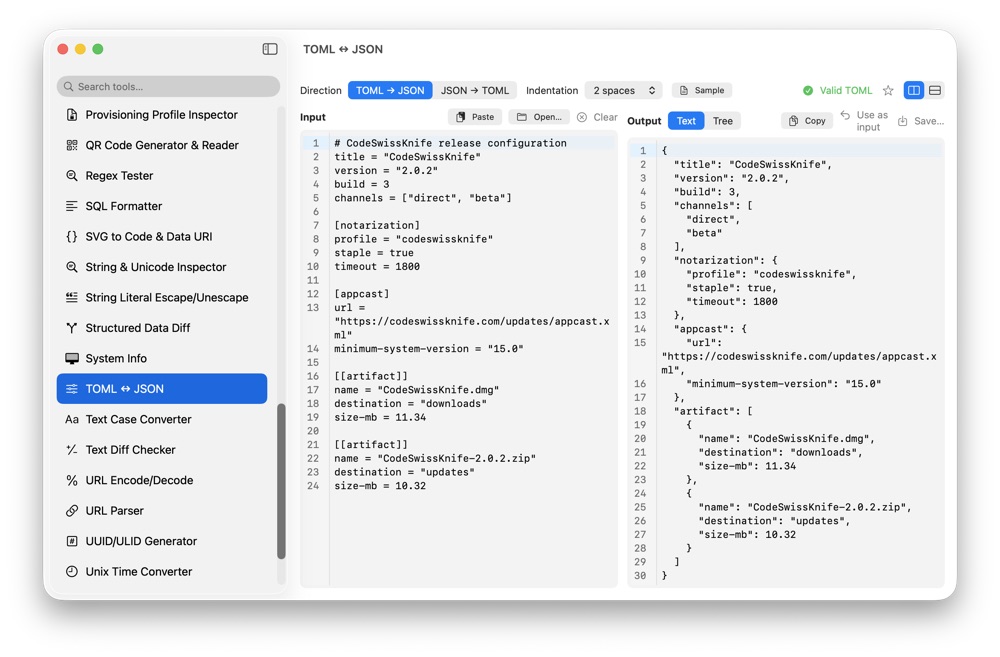 CodeSwissKnife TOML to JSON showing a converted configuration file.