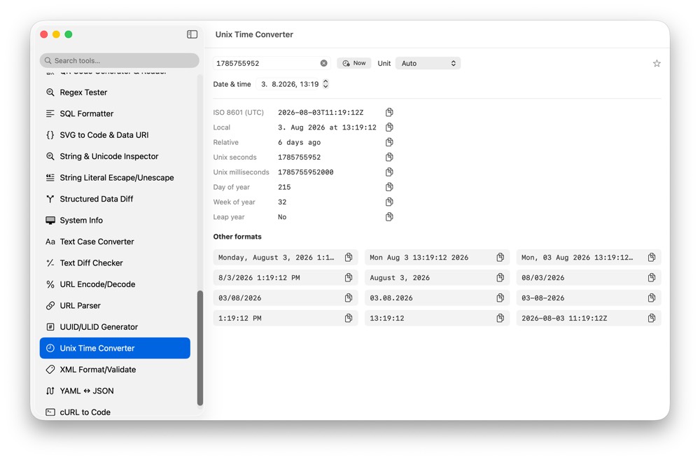 CodeSwissKnife Unix Time Converter running in a native macOS app.