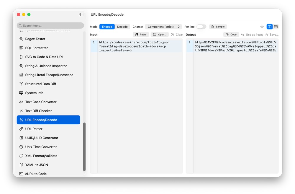 CodeSwissKnife URL Encode/Decode running in a native macOS app.