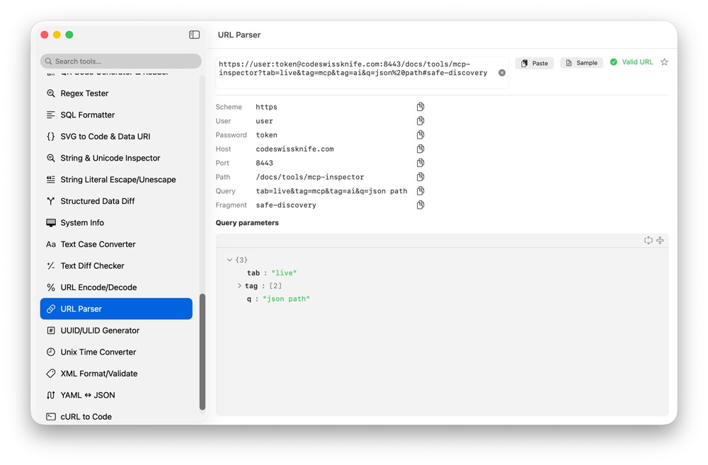 CodeSwissKnife URL Parser running in a native macOS app.