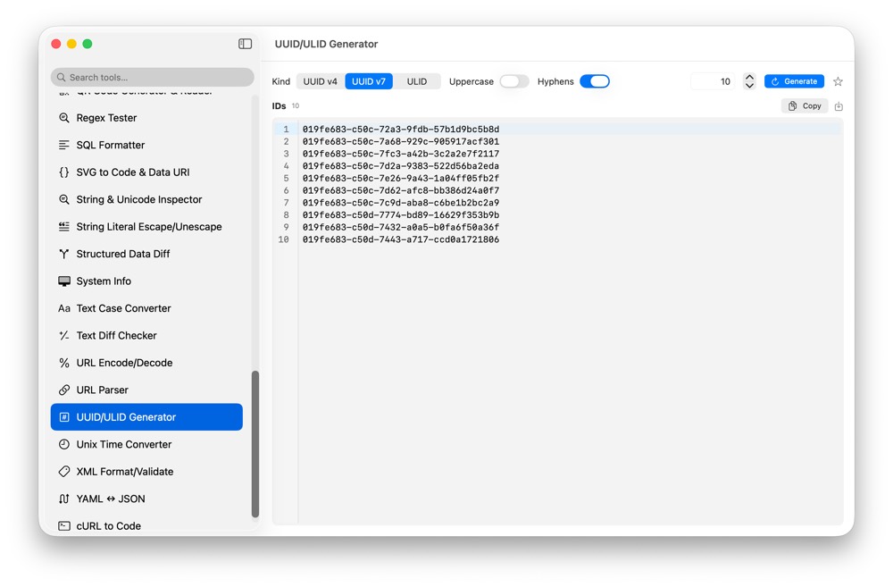 CodeSwissKnife UUID/ULID Generator running in a native macOS app.